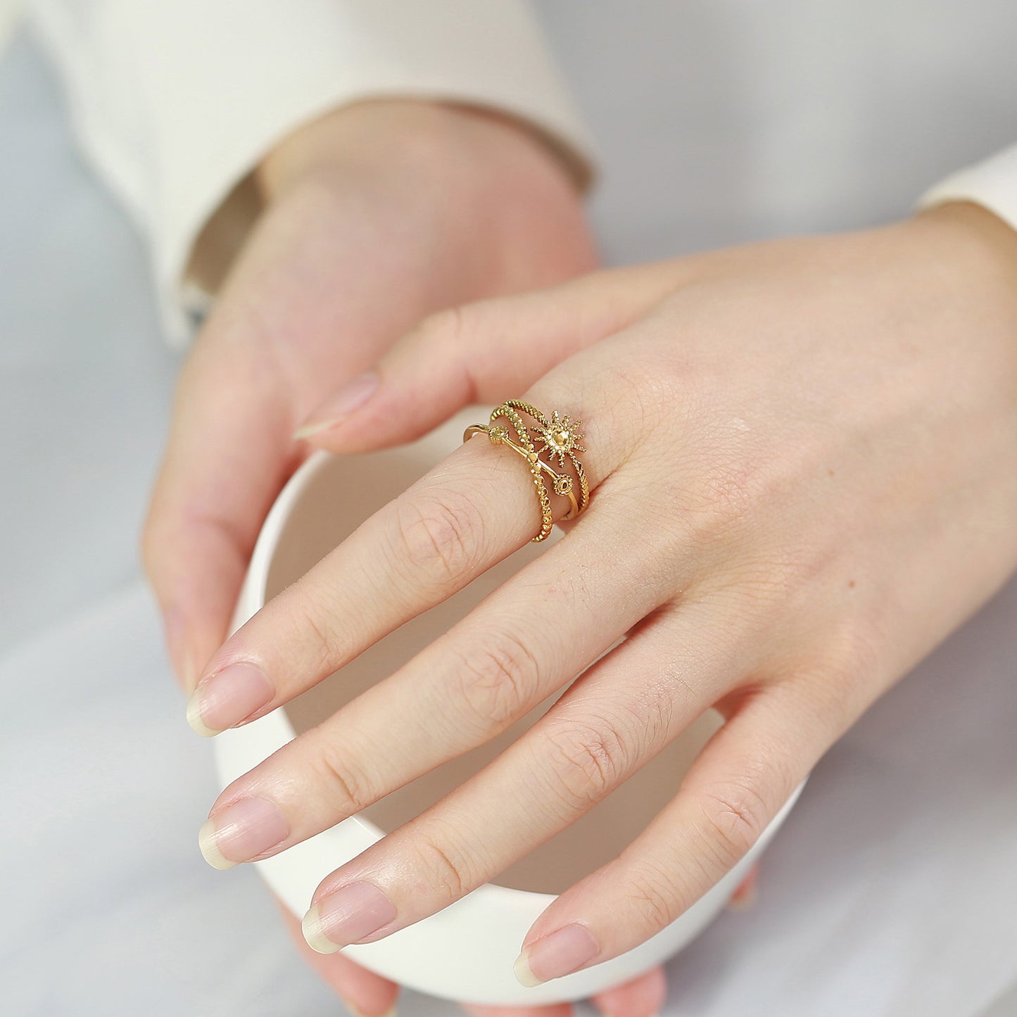 Open Ring Female Stainless Steel Sun Cosmic Starry Adjustable Ring Gold