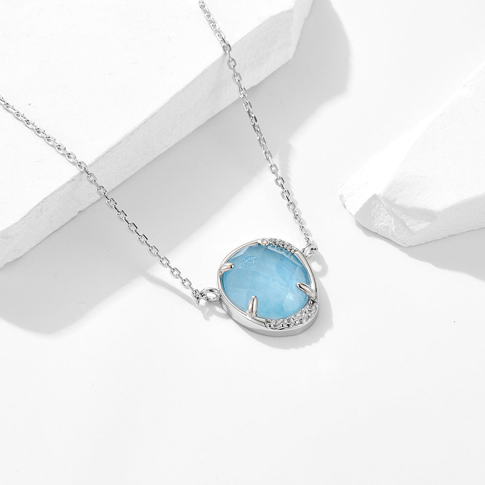 Oval Egg-Shaped Natural Sea Treasure Sapphire Pendant Sterling Silver Necklace High-End Clavicle Chain