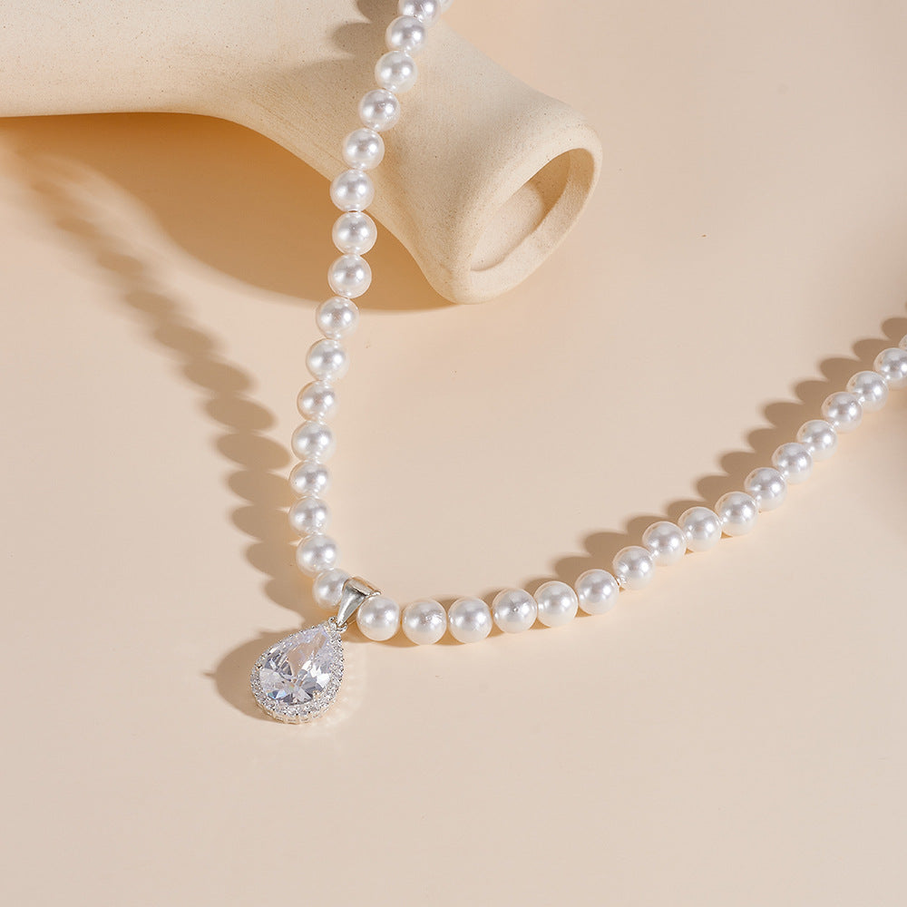 Retro Water Drop Zircon Inlaid Pearl Necklace S925 Sterling Silver Beaded