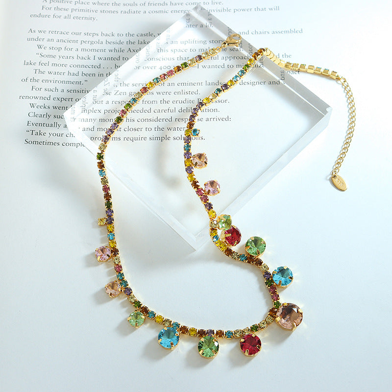 Vibrant Zircon Necklace with Copper Claw Closure, Elegant Colorless Design, Vintage French Charm