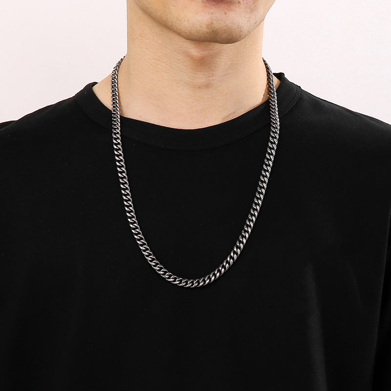 Chain, Retro And Old 8mm Boiled Black Double-Sided Grinding Cuban Chain Stainless Steel Necklace