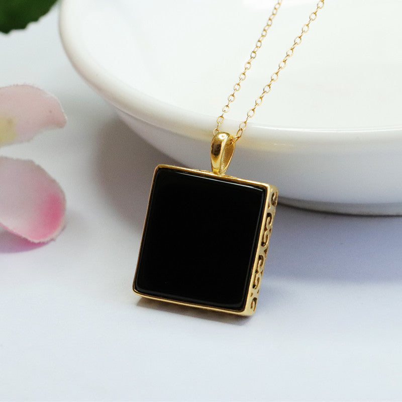 Black Agate Greek-Key Peace Plaque Pendant — No Chain