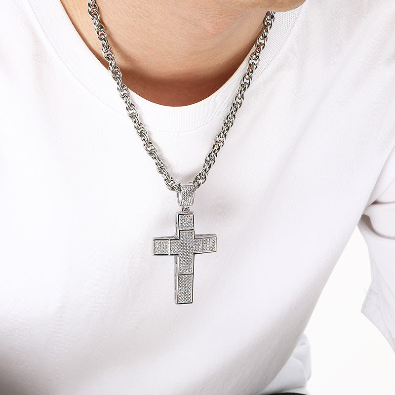 Twist Chain Hip Hop Inlaid With Zircon Double Cross Hollow Pendant Stainless Steel Necklace