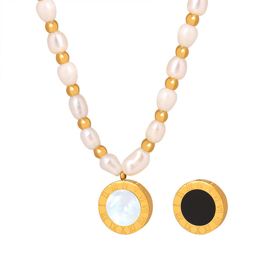 Korean Style Double-Sided Pearl Pendant Necklace with Gold-Plated Chain for Women