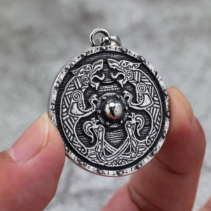 Planderful Retro Viking Shield Pendant Necklace Stainless Steel Unisex Double Sided Norse Legacy
