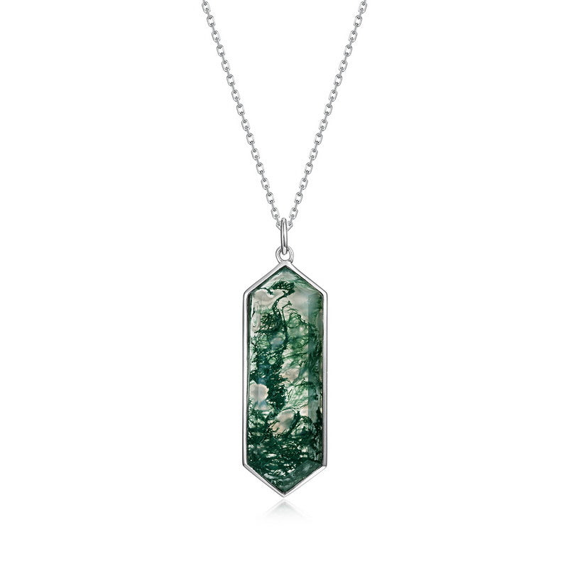 S925 Sterling Silver Moss Agate Geometric Pendant Necklace