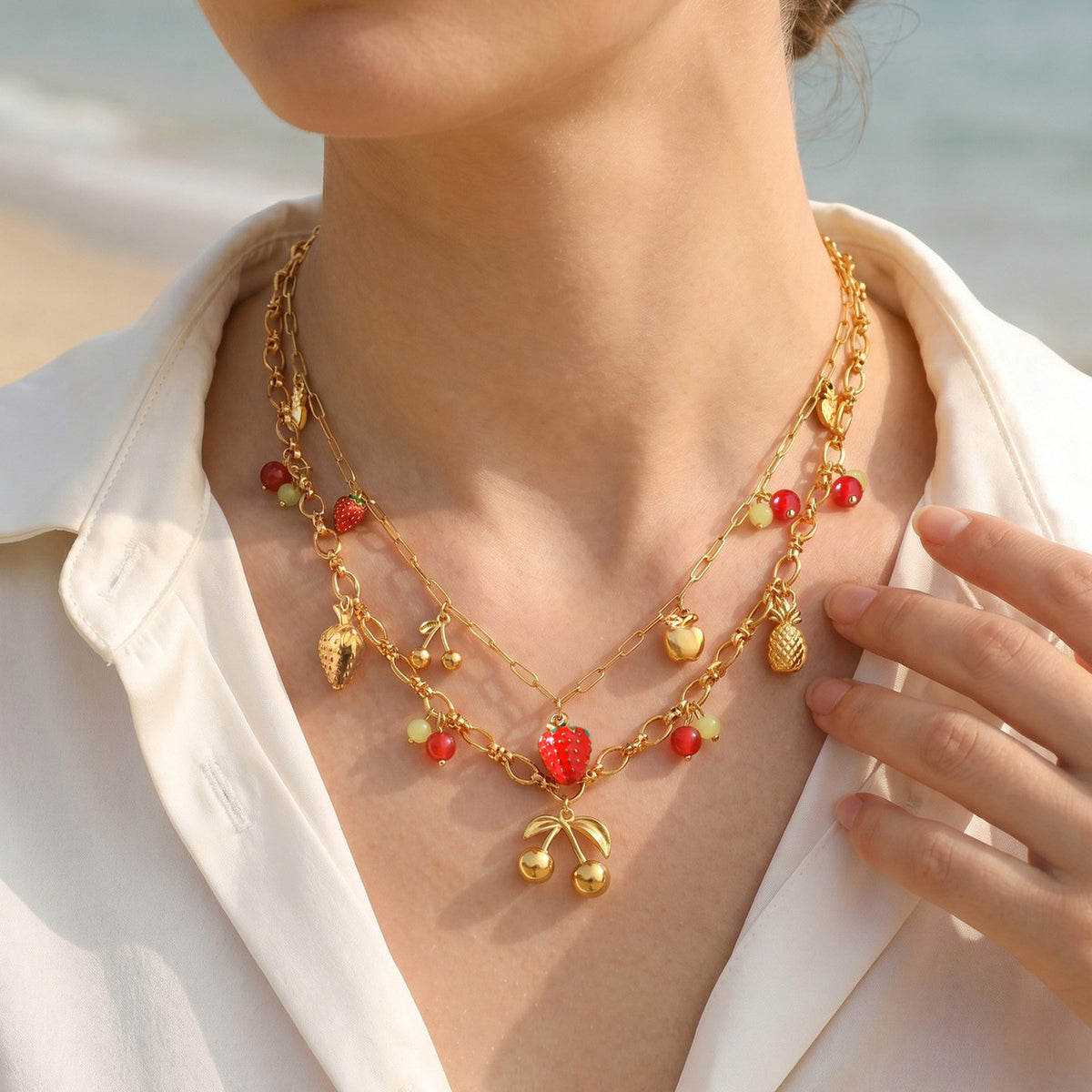 Stainless Steel Vacation Wind Sweet Strawberry Cherry Pineapple Necklace Multi-Element