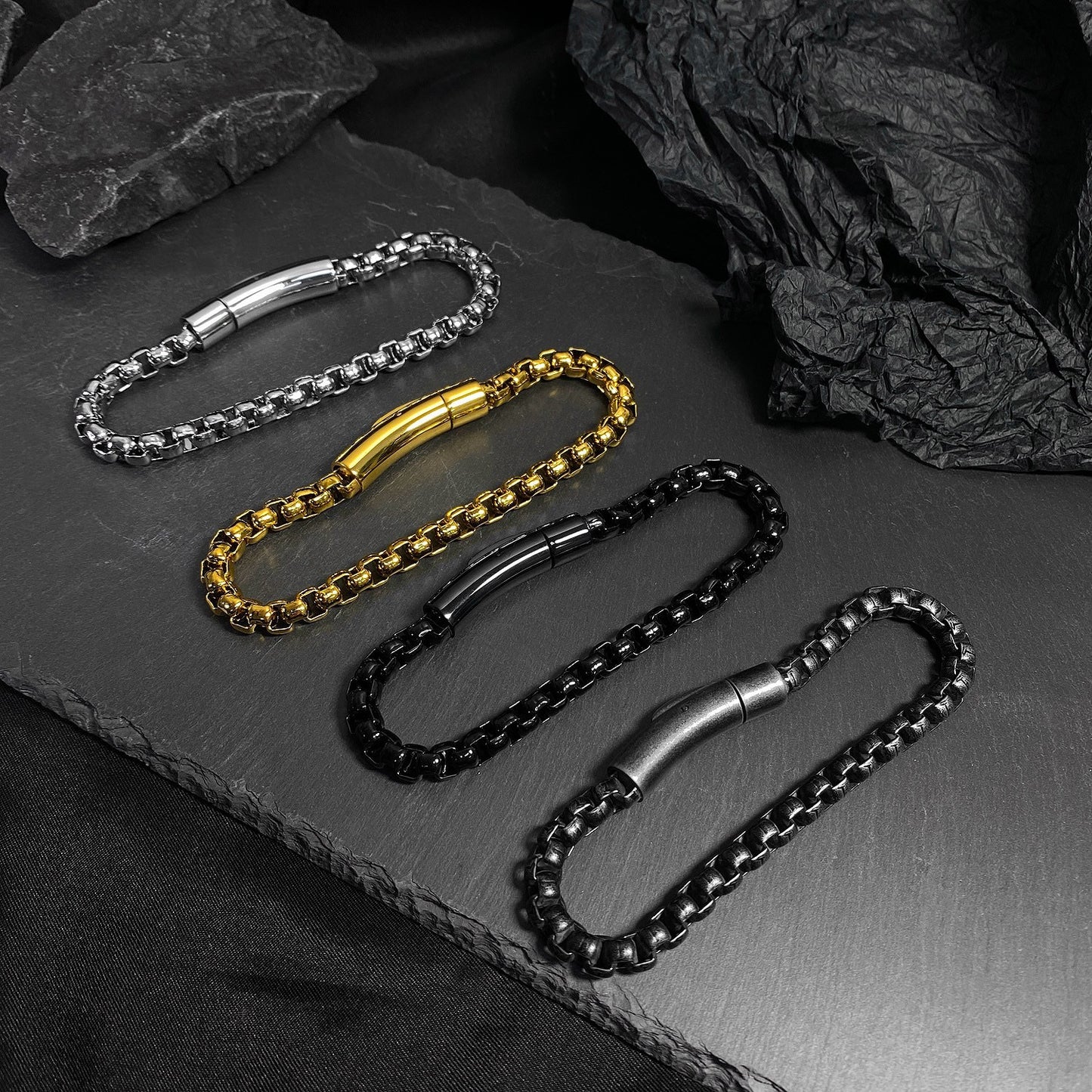 Planderful Titanium Steel Bracelet For Men With Magnet Buckle Square Pearl Chain Retro High End Hip Hop Jewelry