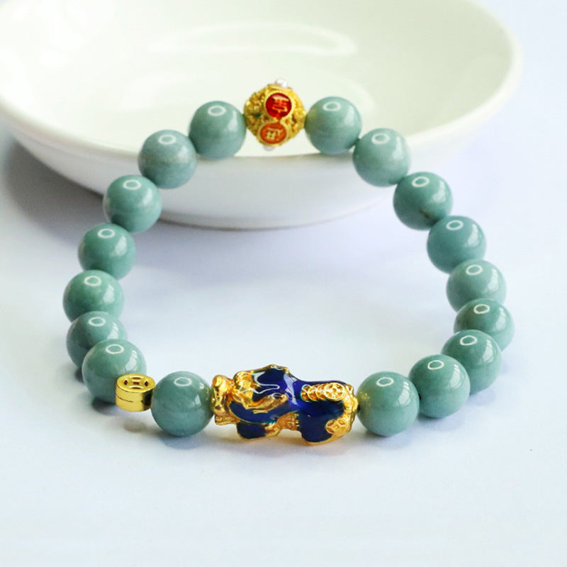 Blue Water Jadeite Pixiu 9 mm Beaded Bracelet
