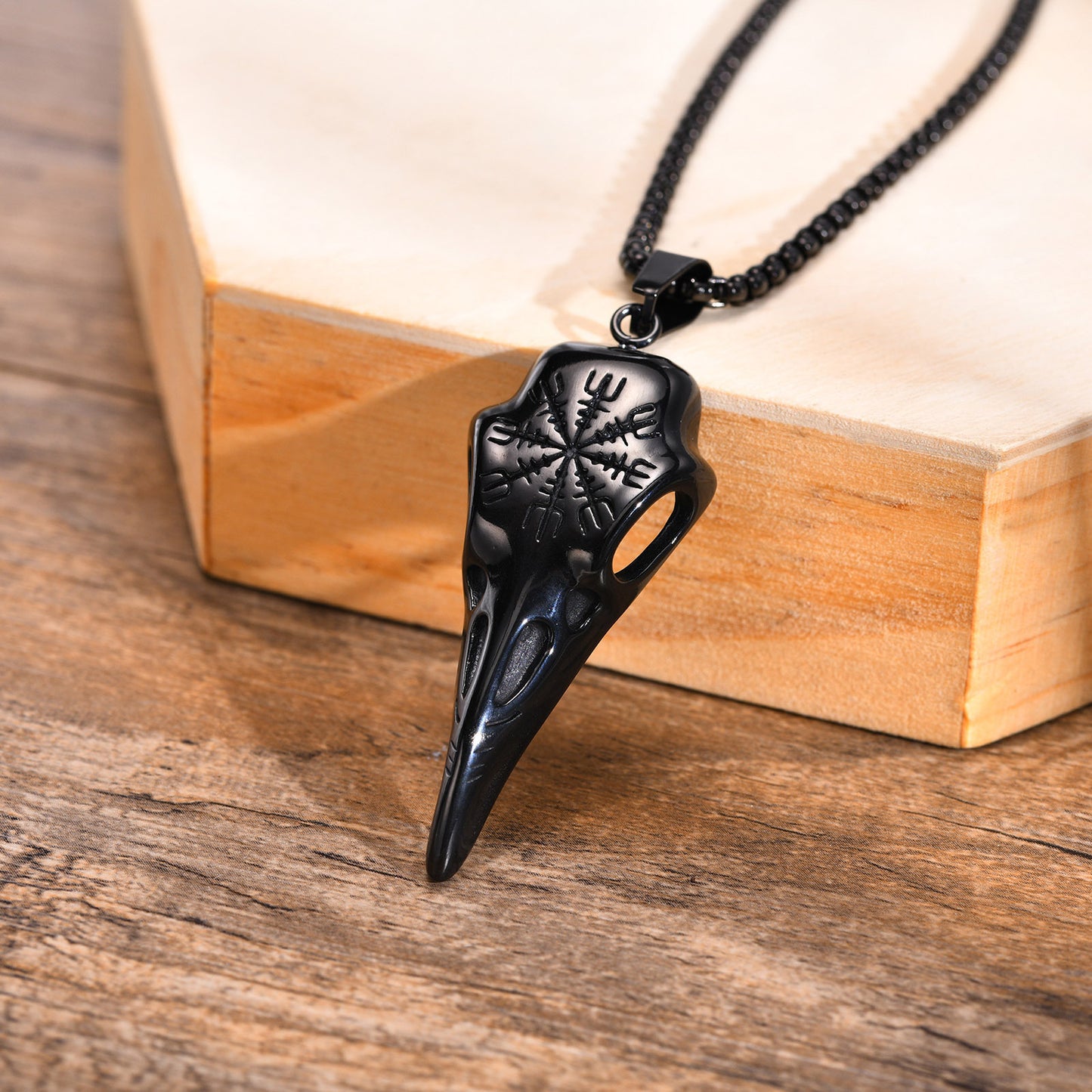 Stainless Steel Viking Crow Skull Pendant Gold Men's Necklace
