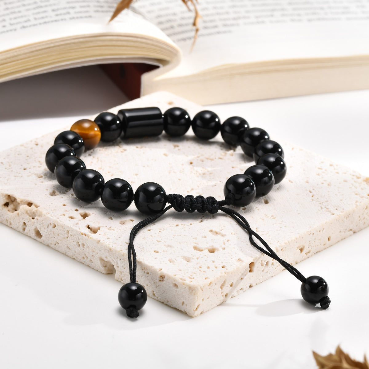 Tiger's Eye Braided Adjustable Black Stainless Steel Bracelet