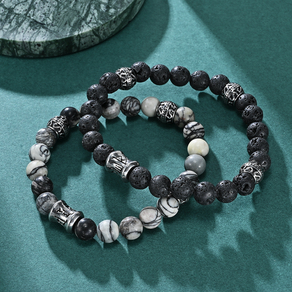 Planderful Mens Volcanic Stone Beaded Bracelet With Titanium Steel For Men Everyday Genie Retro Chinese Style