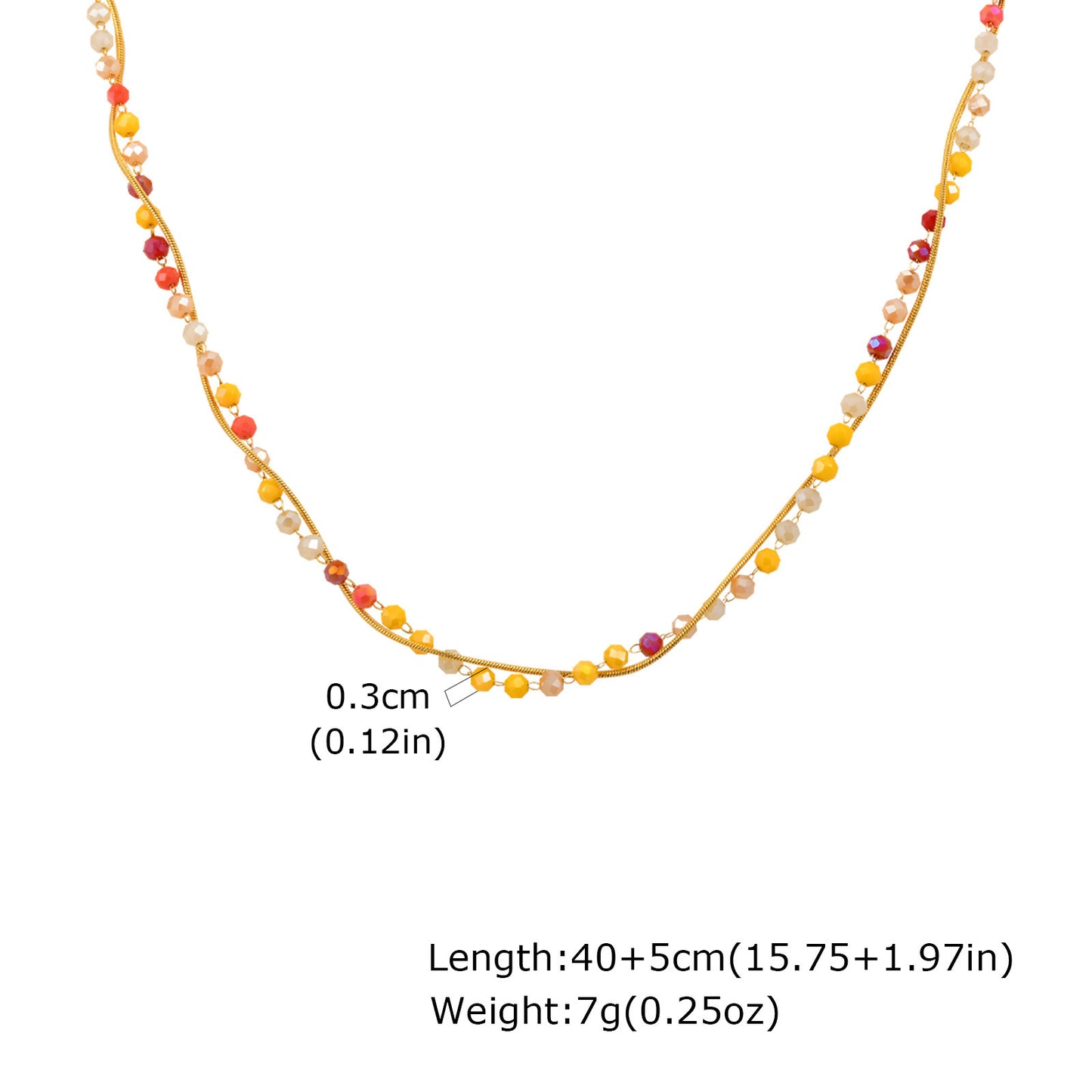 Stainless Steel Round Snake Chain Red & Yellow Mixed Color Glass Section Beaded Necklace