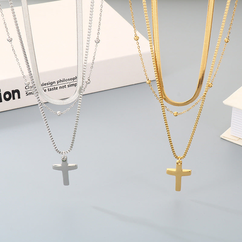 Flat Snake Chain Multi-Layer Chain Necklace, Retro Stainless Steel Box Chain Cross Pendant