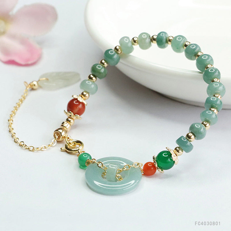 Blue Water Jadeite Leaf & Peace Ring Bracelet