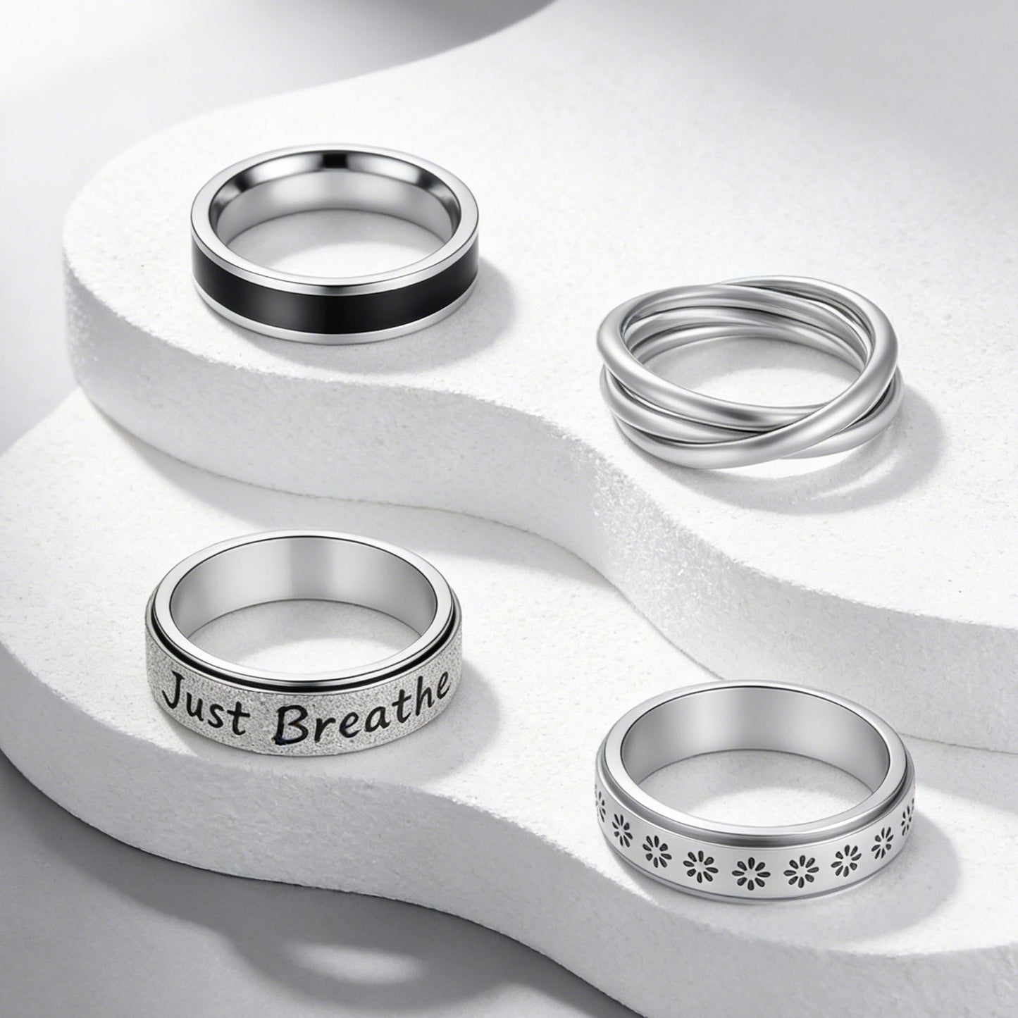 Planderful Collection Everyday Genie Titanium Steel Rotating Ring for Anxiety Relief Mindfulness Unisex Flower Design