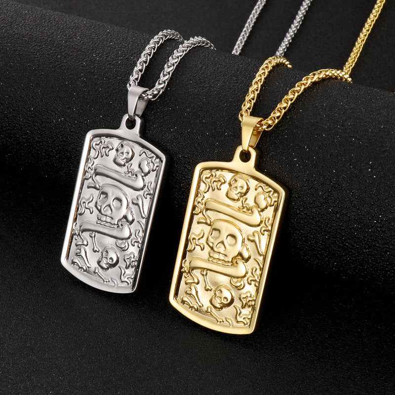 Customizable Square Pendant Necklace with Korean-Inspired Simple Bone Skull Flower Basket Chain in Titanium Steel for Men