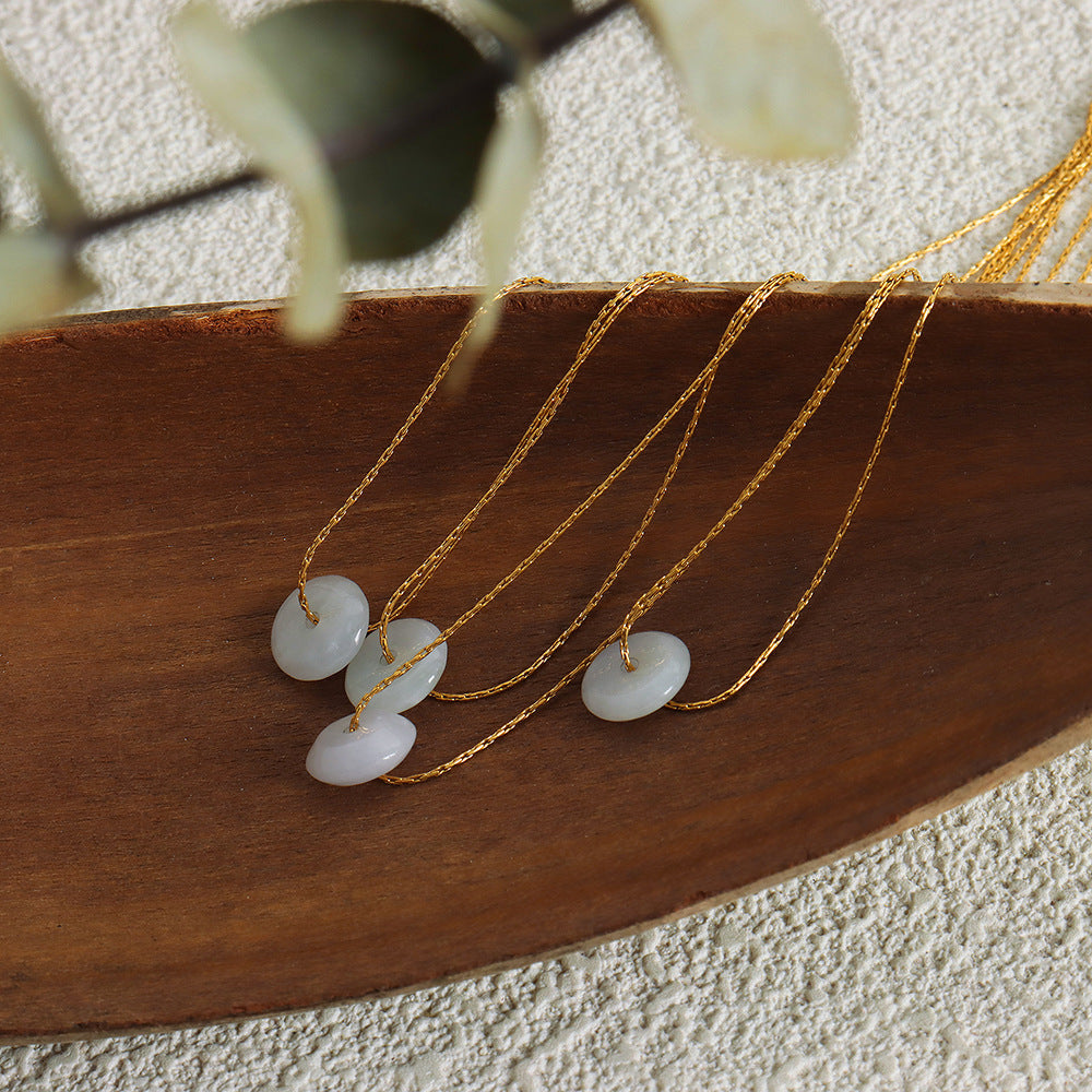 Circular Natural Stone Pendant Collarbone Chain Necklace for Women - Elegant Titanium Steel Jewelry