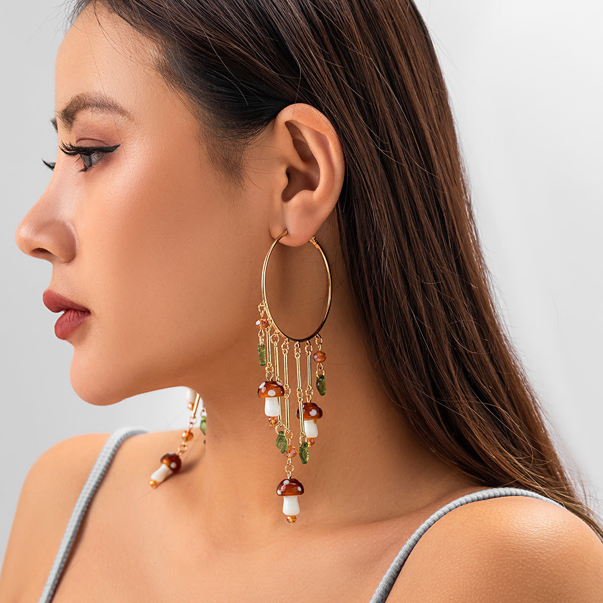 Colorful Mushroom and Leaf Tassel Earrings with Ethnic Handmade Charm