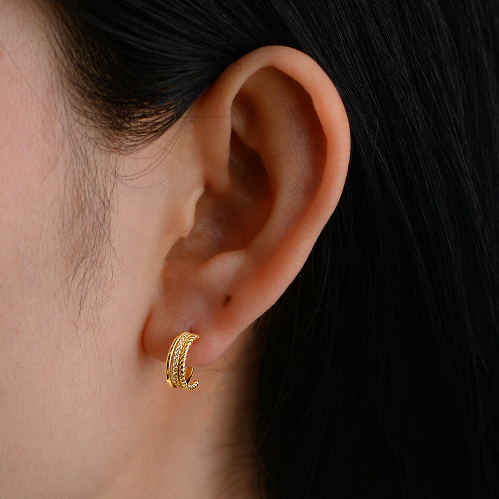 S925 Sterling Silver C-Shaped Hollow Zircon Stud Earrings