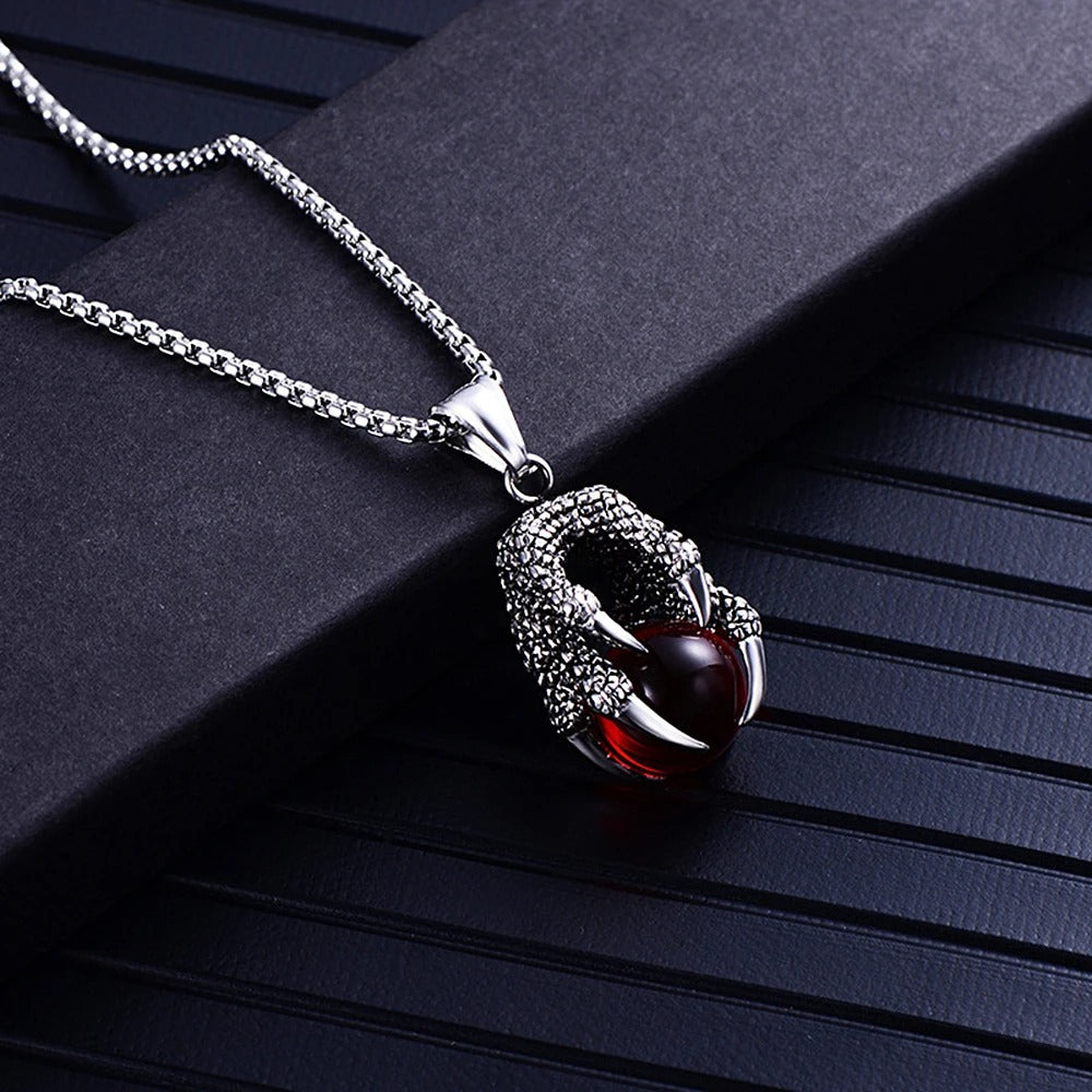 Planderful Dragon Claw Bead Pendant Necklace For Men In Stainless Steel With Inlaid Stone Personalized Jewelry