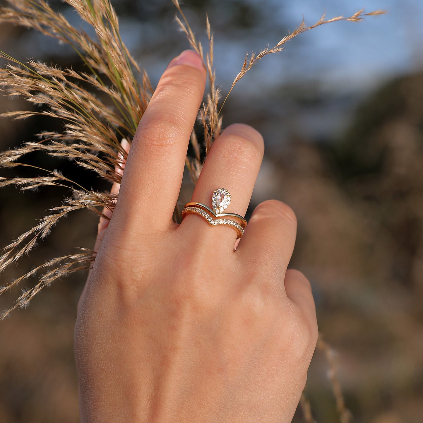 Ladies Gold Copper Zircon Quadrangram Water Drop Leaf Open Ring Jewelry