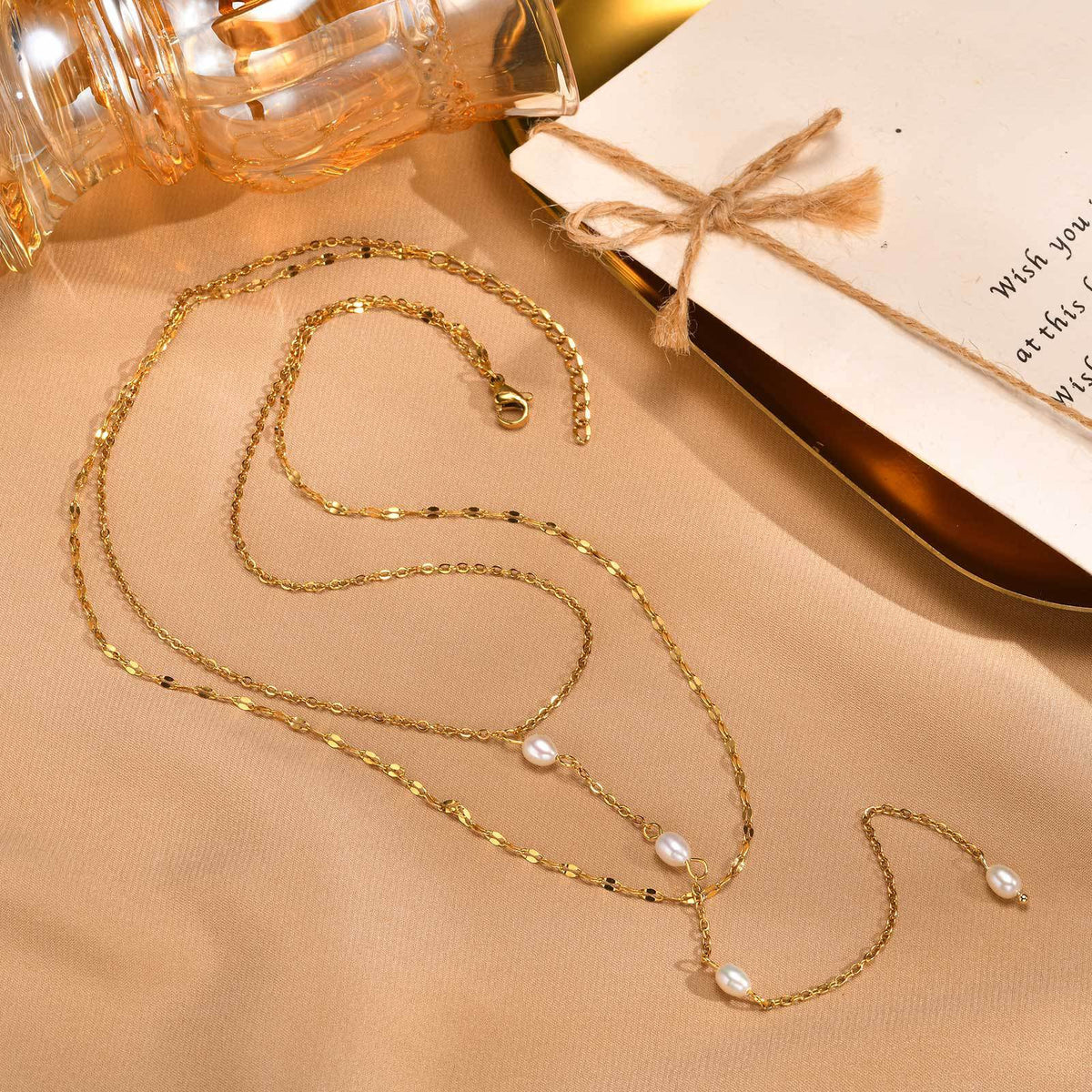 Stainless Steel Double Layer Imitation Pearl Y-Shaped Tassel Gold Necklace