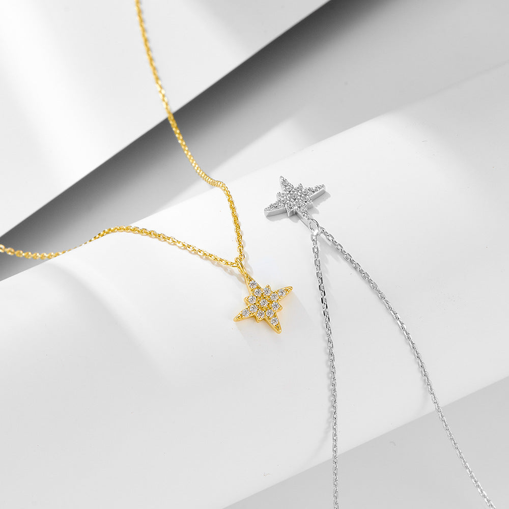 Full Zircon Octagram Sterling Silver Necklace Clavicle Chain Pendant