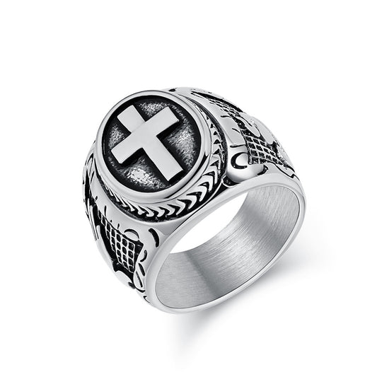 European And American Literary Retro Prayer Hand Cross Titanium Steel Ring Men's Hip-Hop Jewelry