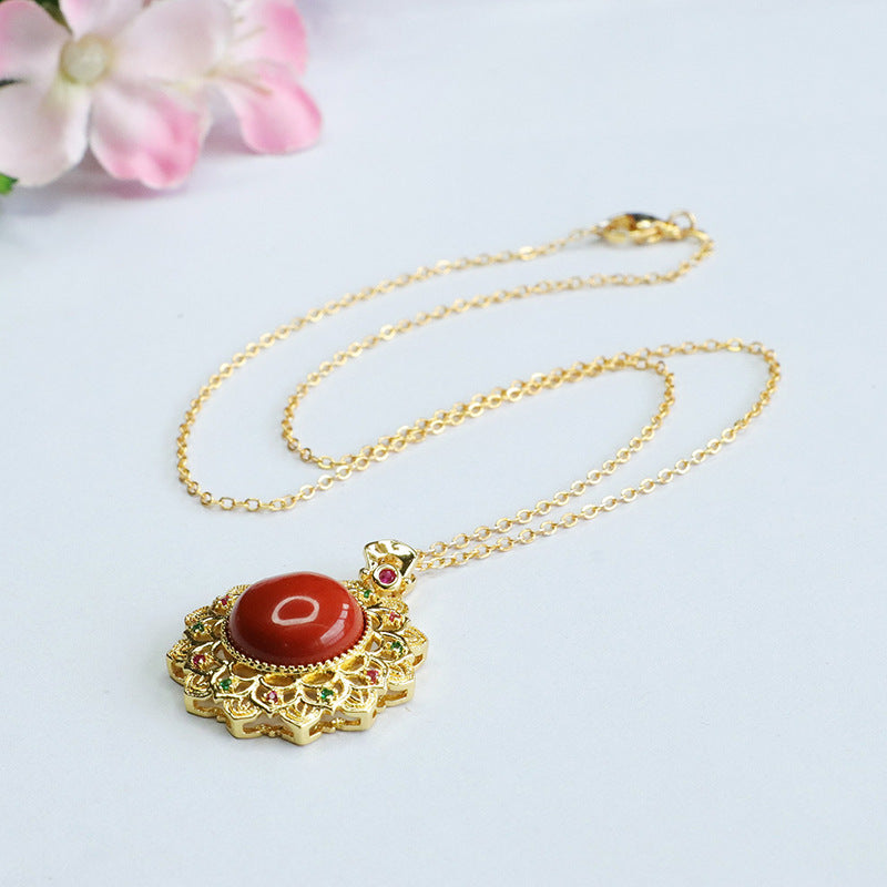 Southern Red Agate Zircon Sunflower Pendant Necklace