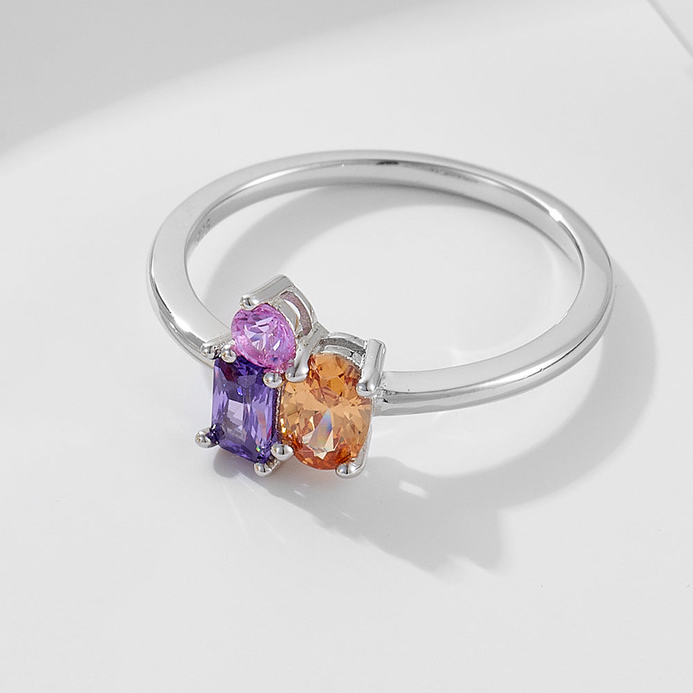 S925 Silver Geometric Rectangular Oval Colored Zircon Ring Wind Colored Treasure Ring