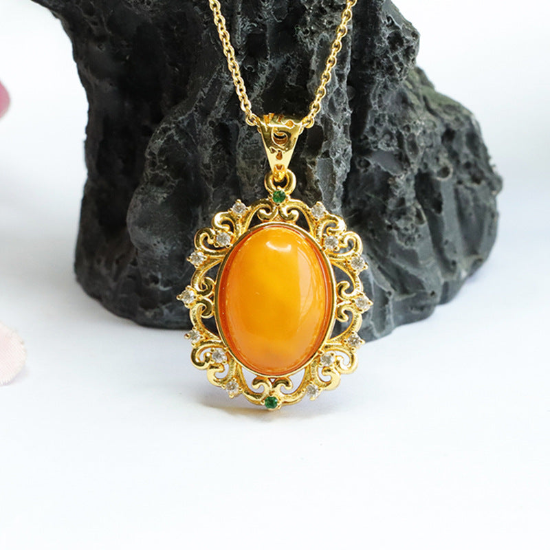 Golden Hollow Amber Pendant with Zircon Necklace crafted from Pigeon Egg Amber Surely a Treasure