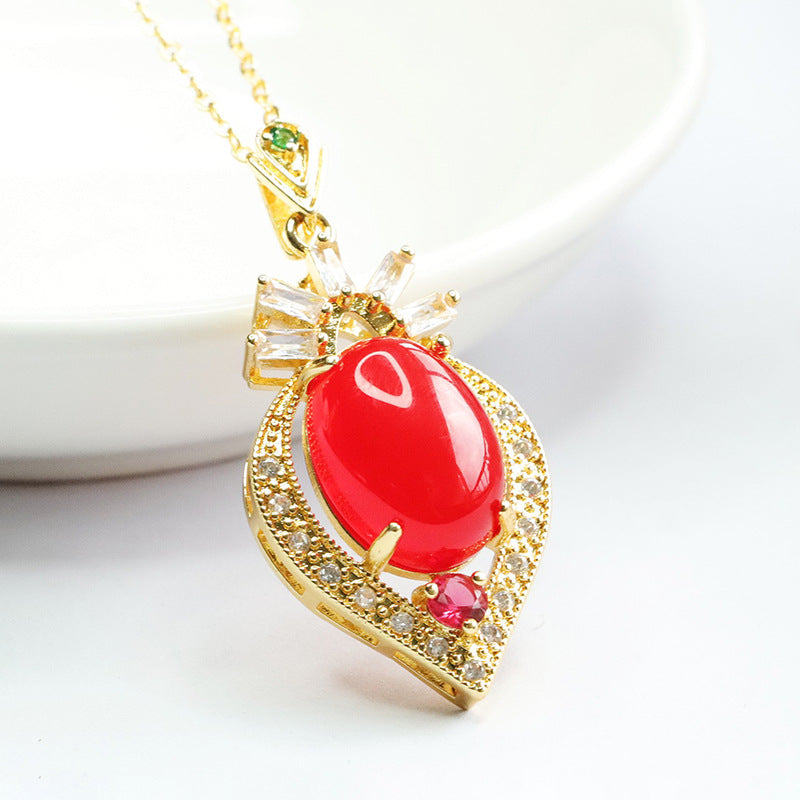 Oval Red Agate Zircon Peach Heart Pendant