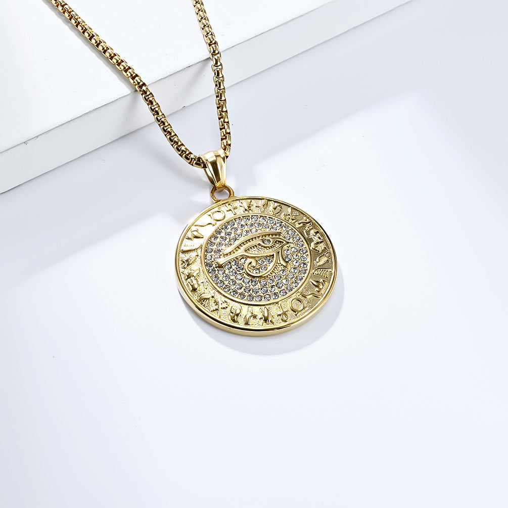 Eye Of Horus Necklace By Planderful Zircon Studded Ankh Symbol Jewelry In Titanium Steel For Hip Hop Fashion Fans