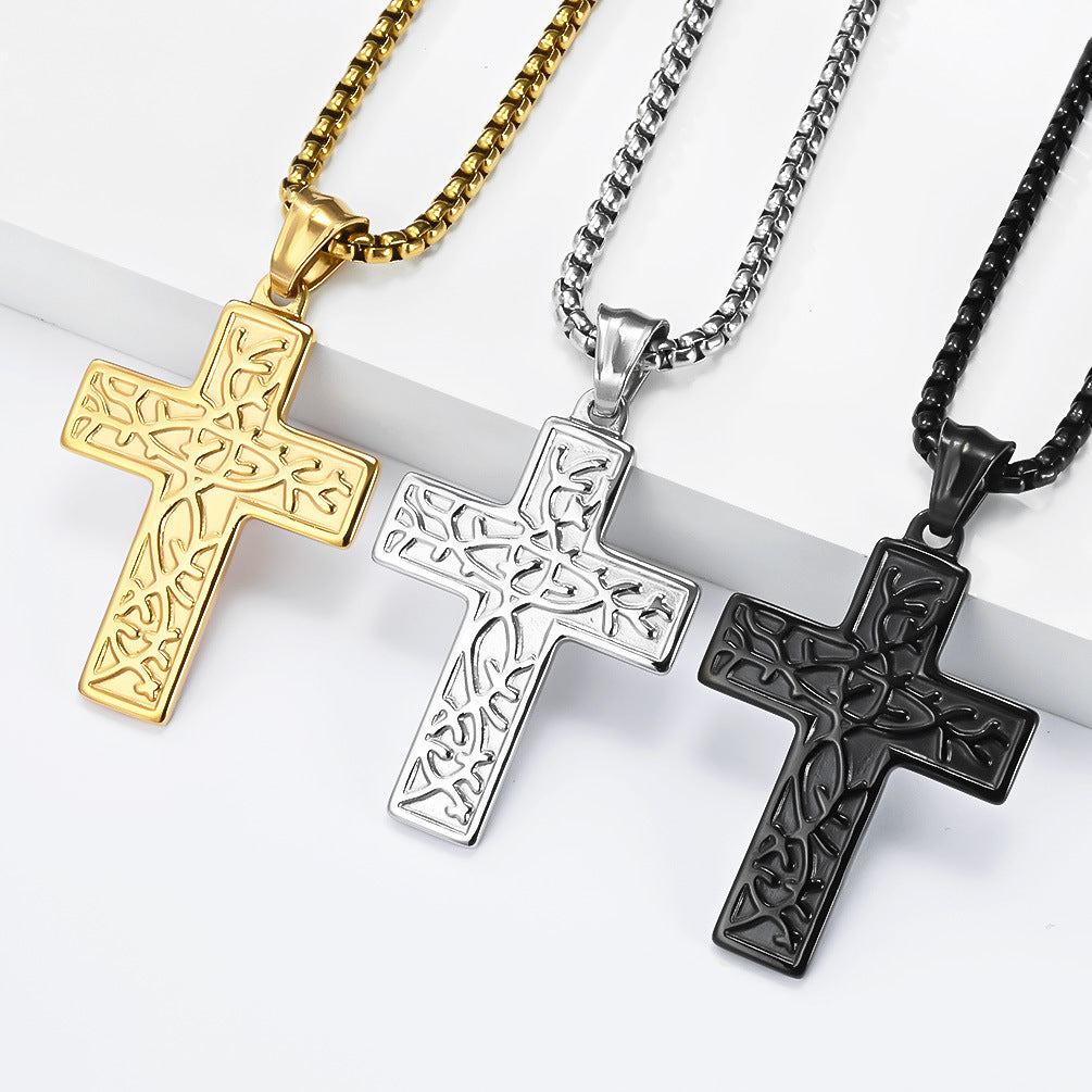 Vintage Tree of Life Cross Stainless Steel Men's Pendant Necklace