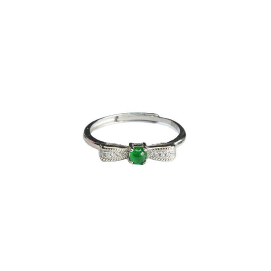 Icy Green Jadeite Bow 925 Silver Ring
