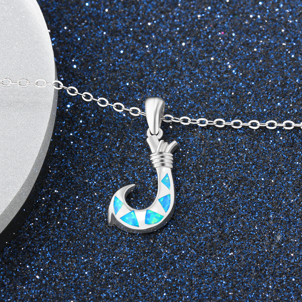 Planderful Jewelry Blue Opal Necklace In Sterling Silver Hook Pendant For Everyday Elegance