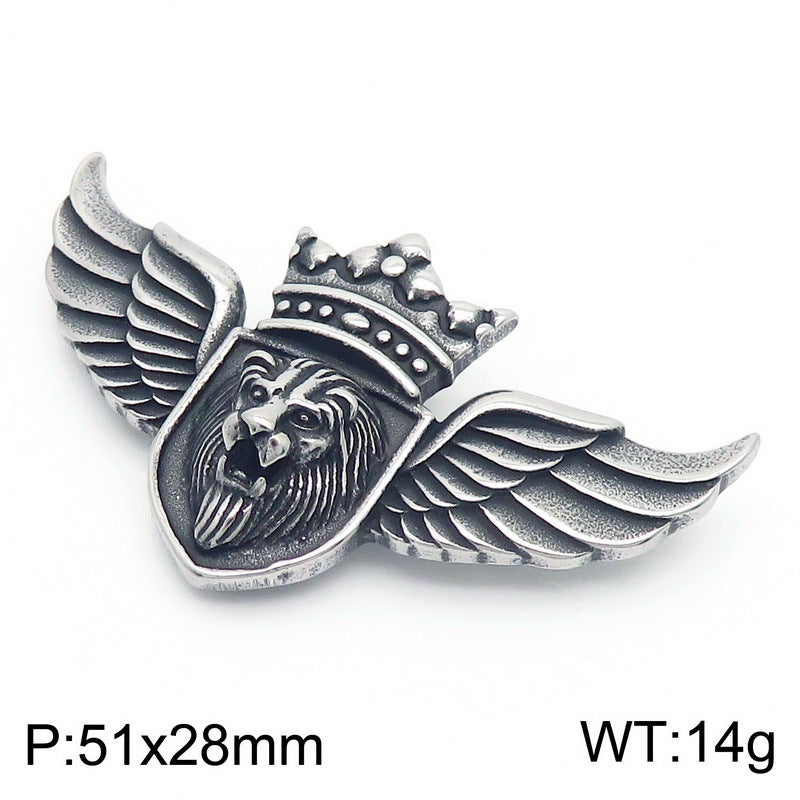 Retro Metal Lion Head Emblem Pendant with Punk Angel Wings for Men
