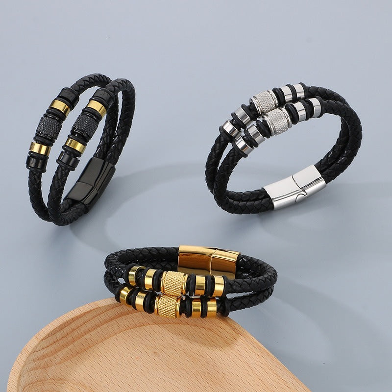 Business Style Double-Strand Woven Leather Rope Bracelet – Punk Stainless Steel Beaded