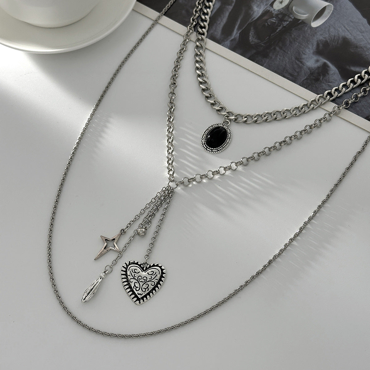 Heart & Gemstone-Style Geometric Necklace