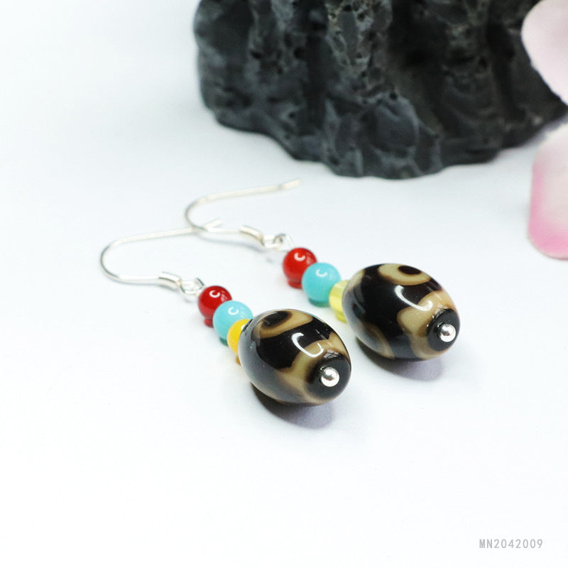 Three-Eye Dzi Agate Barrel Bead Hook Earrings