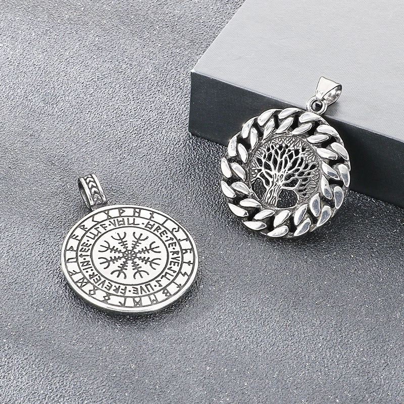 Nordic Viking Mythology Ouroboros Tree Of Life Pendant, Retro Round Stainless Steel Men's Necklace