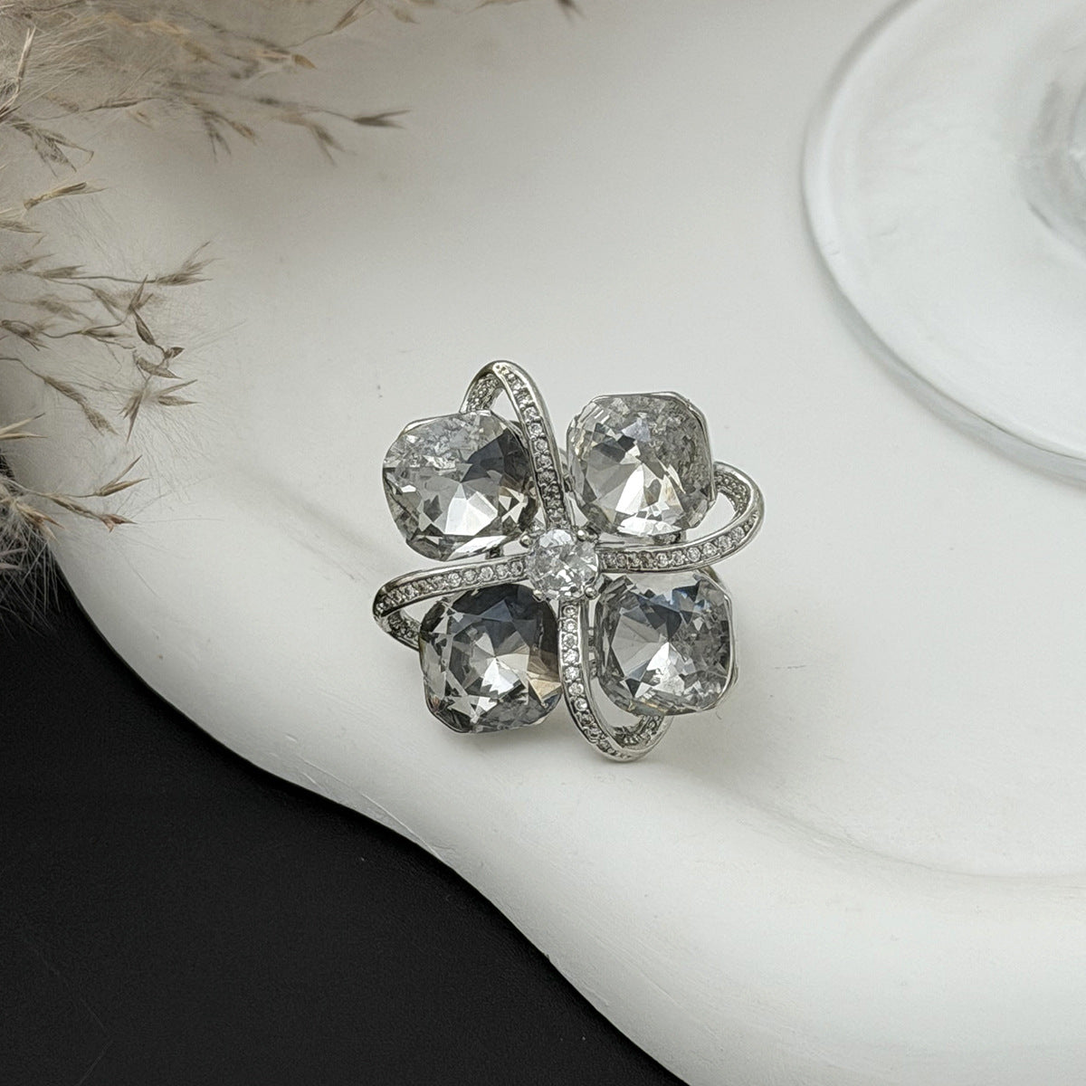 Planderful Square Zircon Ring With Exaggerated Four Leaf Inlay Bold Statement Jewelry For Fashion Forward Women