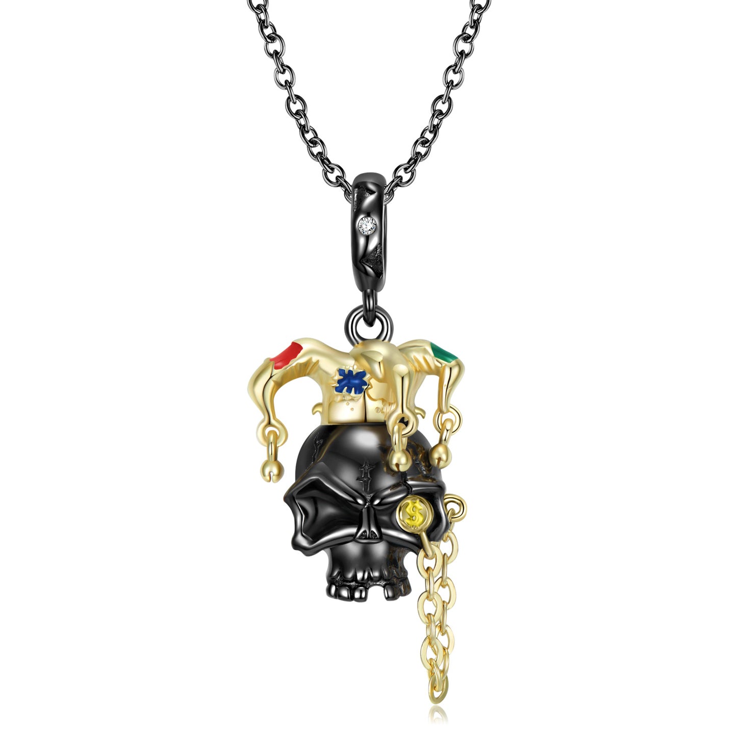 Halloween Clown Black Skull Silver Necklace