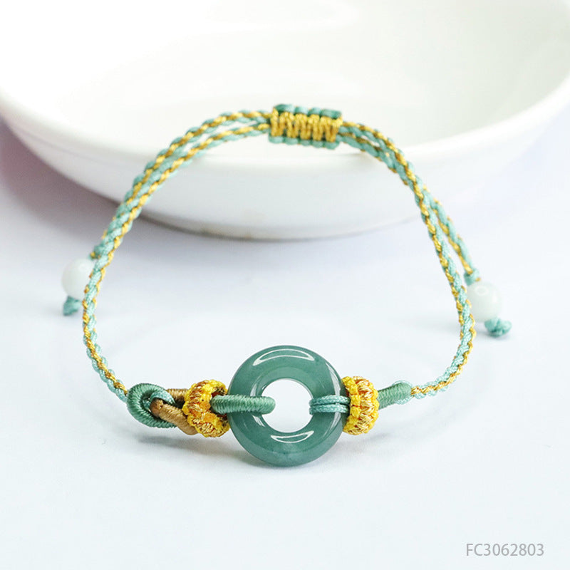 Blue Water Jadeite Peace Ring Cord Bracelet