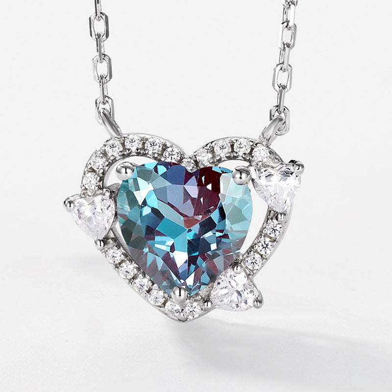 Planderful Jewelry S925 Sterling Silver Alexandrite Necklace In Heart Design With Collarbone Chain