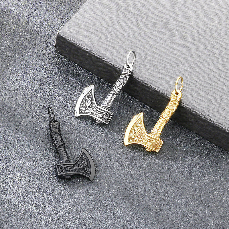 Nordic Viking Wolf Pattern Battle Axe Pendant – Punk Style Axe Amulet Titanium Steel Necklace