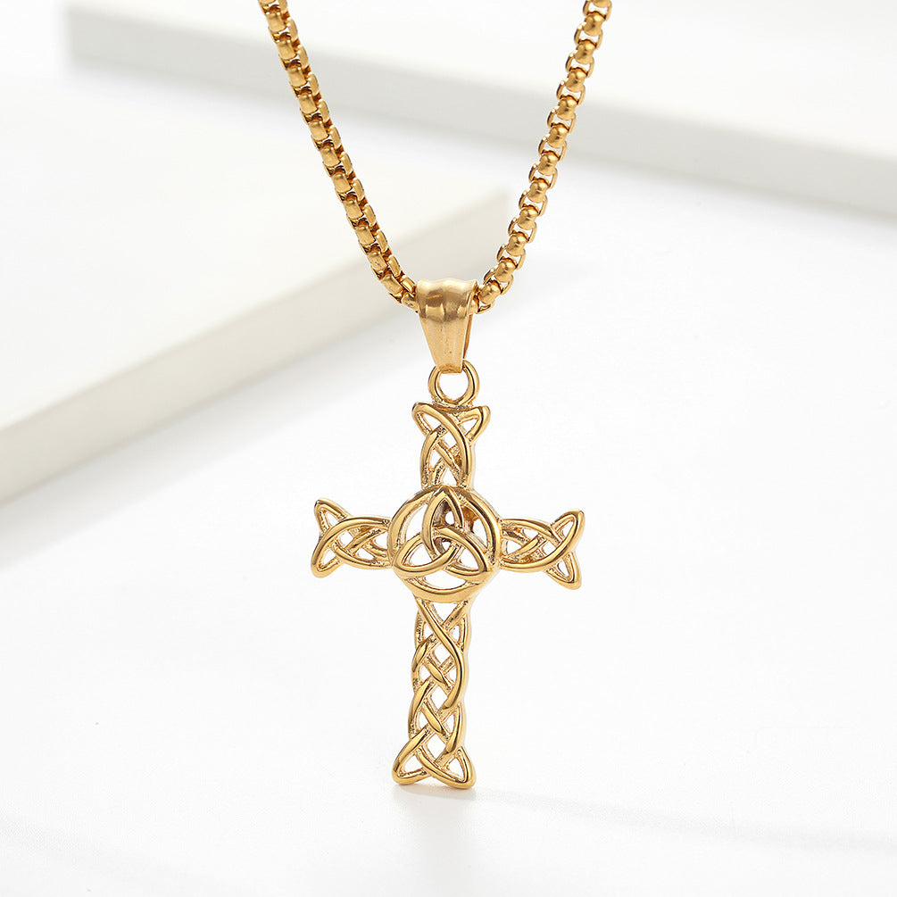 Cross-Border Amazon Celtic Knot Hollow Titanium Steel Cross Necklace for Men and Women