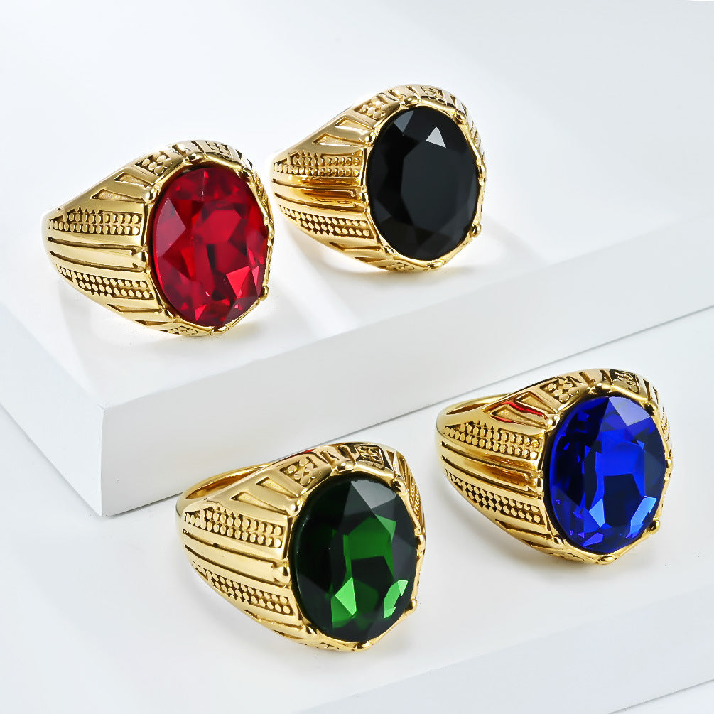 Planderful Mens Stainless Steel Inlaid Glass Gem Ring Personalized High End Gift For Him