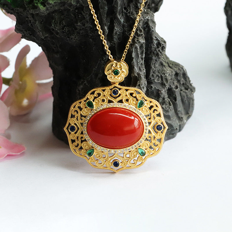 Egg-Shaped Sterling Silver Necklace with South Red Agate Pendant and Zircon Hollow Detail